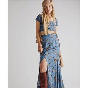 Free People Women Talia Blue Floral Medium Skirt Crop Top Two Piece Boho Set New
